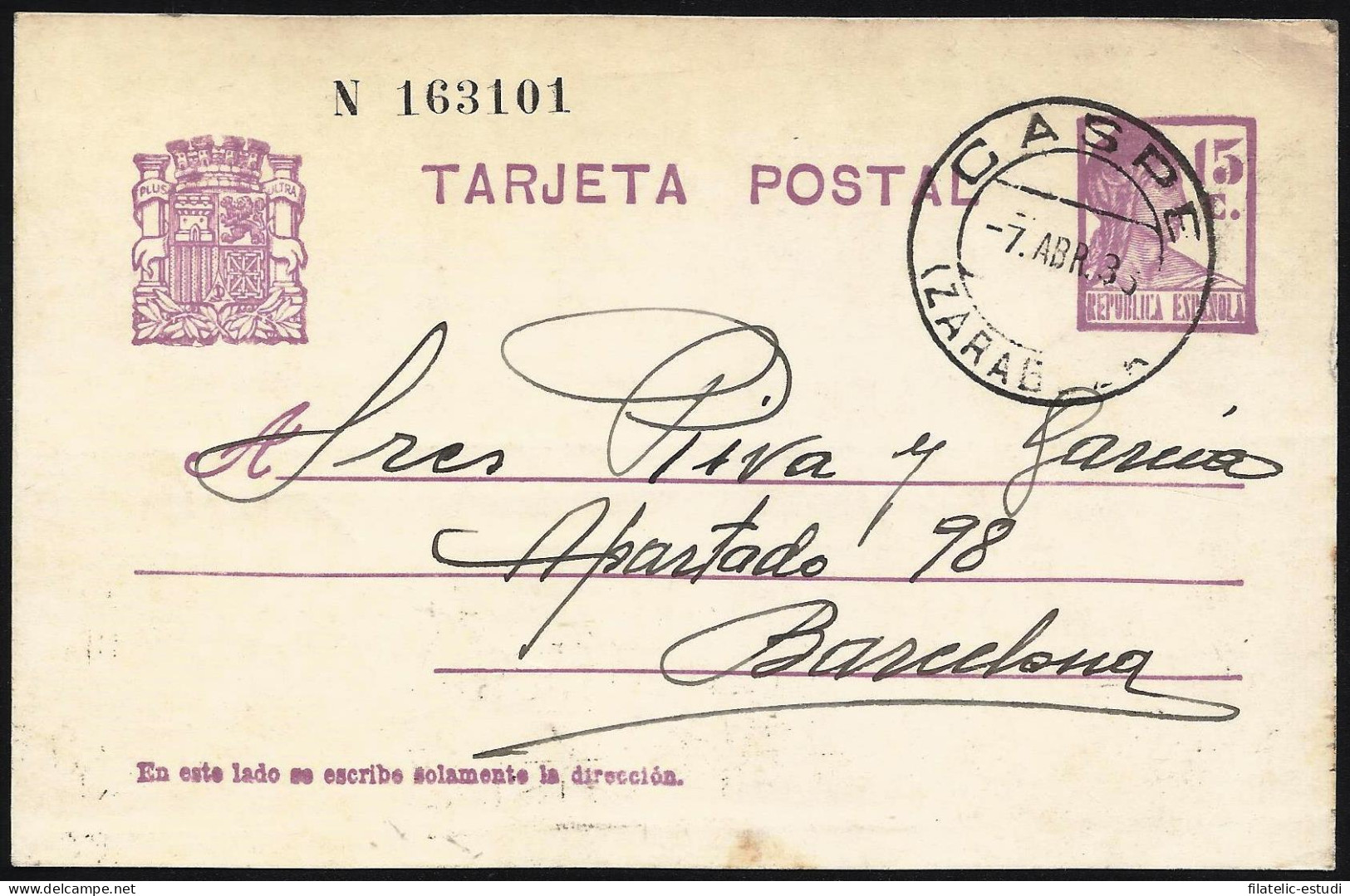 España Spain Entero Postal 69 Matrona 1936 Caspe - Altri & Non Classificati