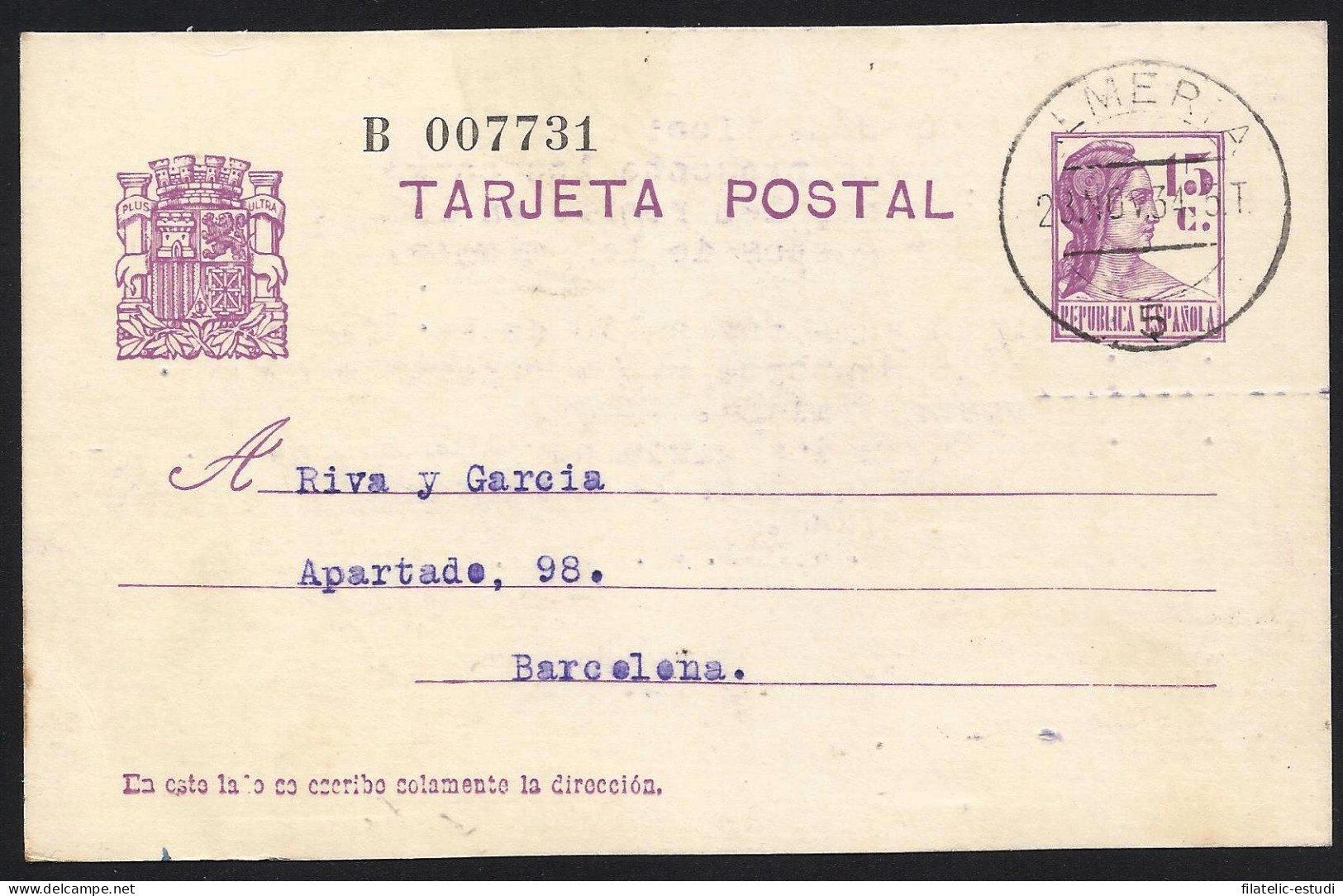 España Spain Entero Postal 69 Matrona 1934 Almería - Other & Unclassified