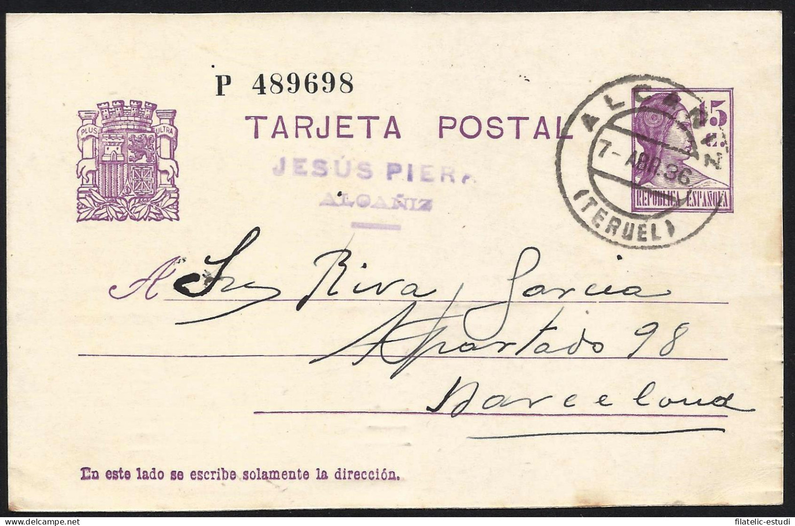 España Spain Entero Postal 69 Matrona 1936 Alcañiz - Autres & Non Classés