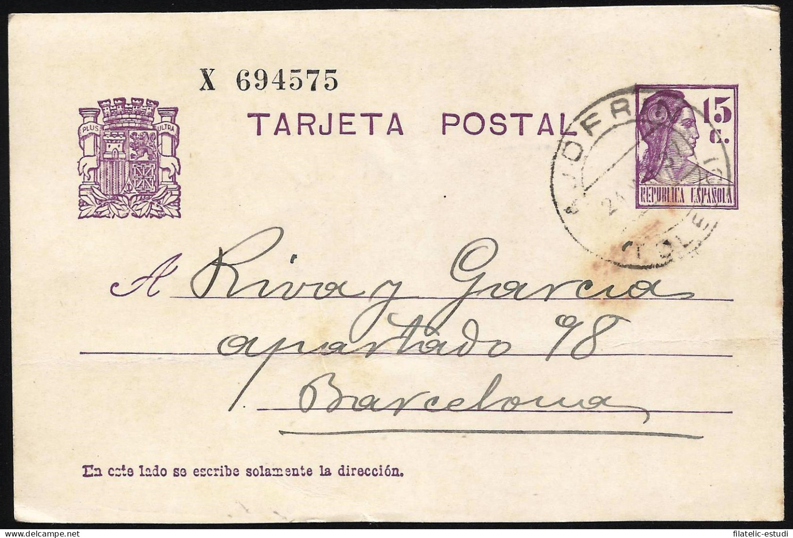 España Spain Entero Postal 69 Matrona 1937 Ajofrín - Sonstige & Ohne Zuordnung