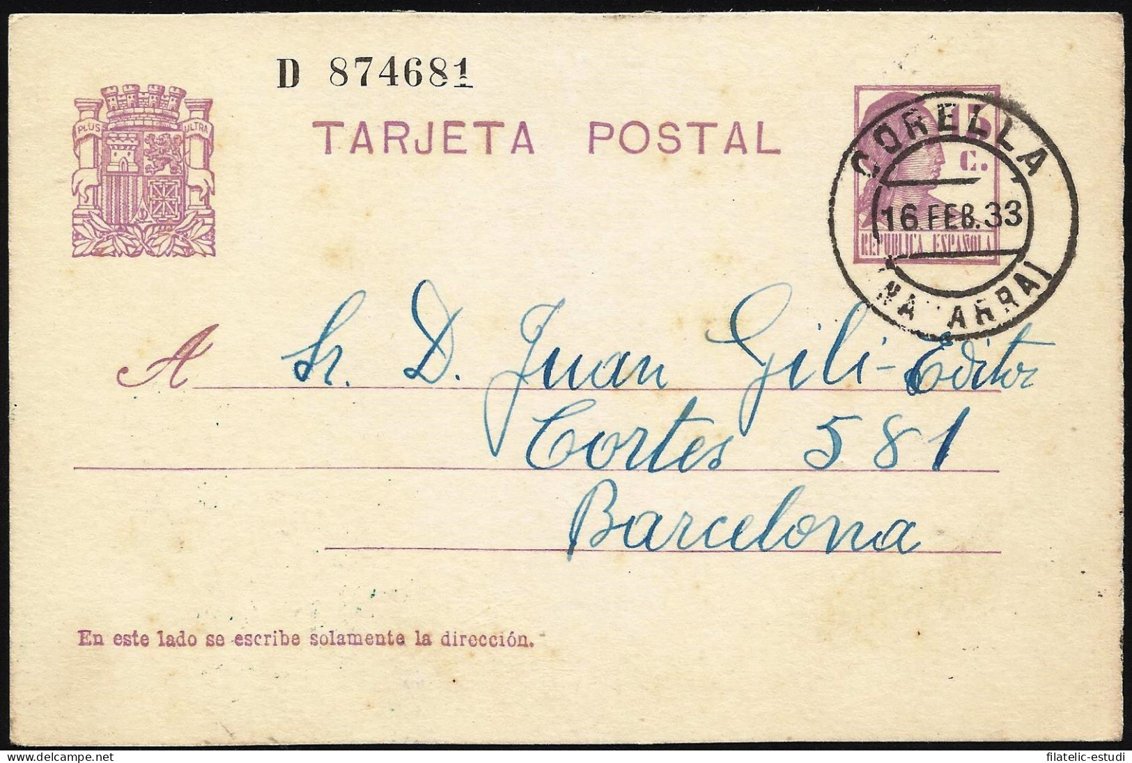 España Spain Entero Postal 69 Matasello 1933 Corella - Other & Unclassified