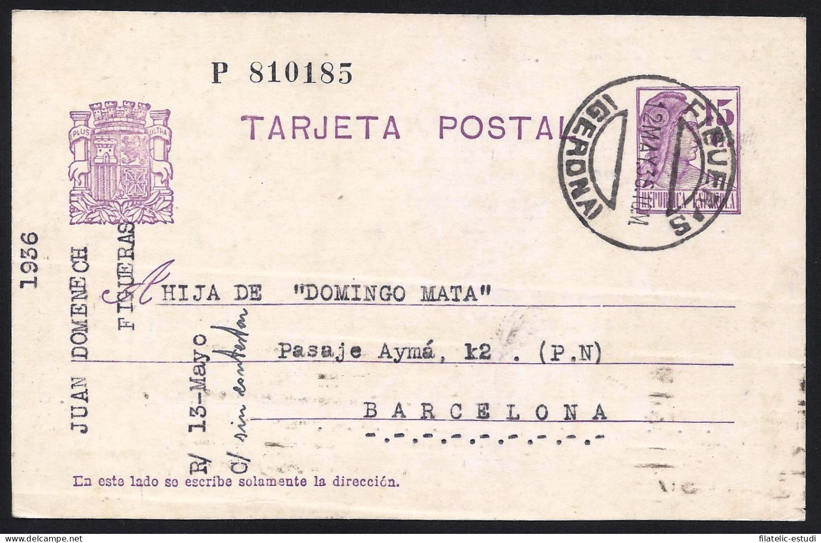 España Spain Entero Postal 69 Matasello 1936 Figueras - Altri & Non Classificati