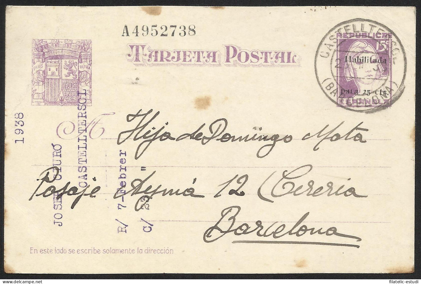 España Spain Entero Postal 75n Matasello 1938 Castelltersol - Altri & Non Classificati