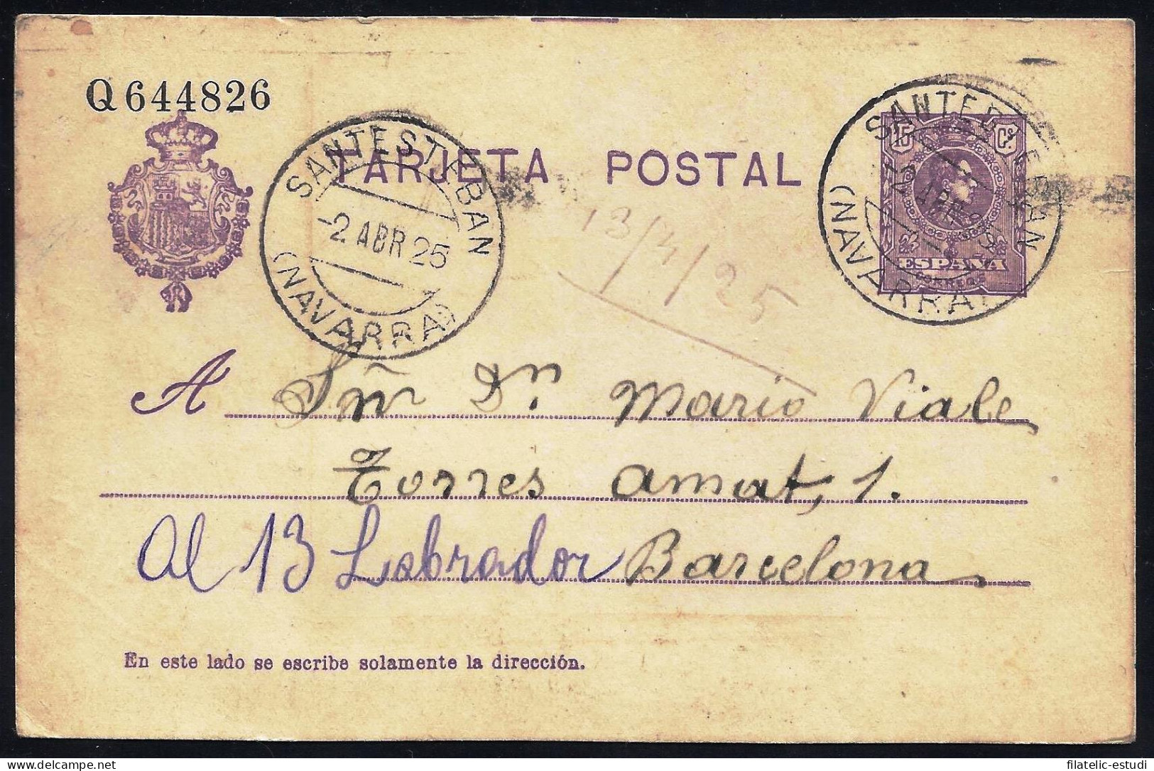 España Spain Entero Postal 50 Alfonso XIII 1925 Santesteban - Other & Unclassified