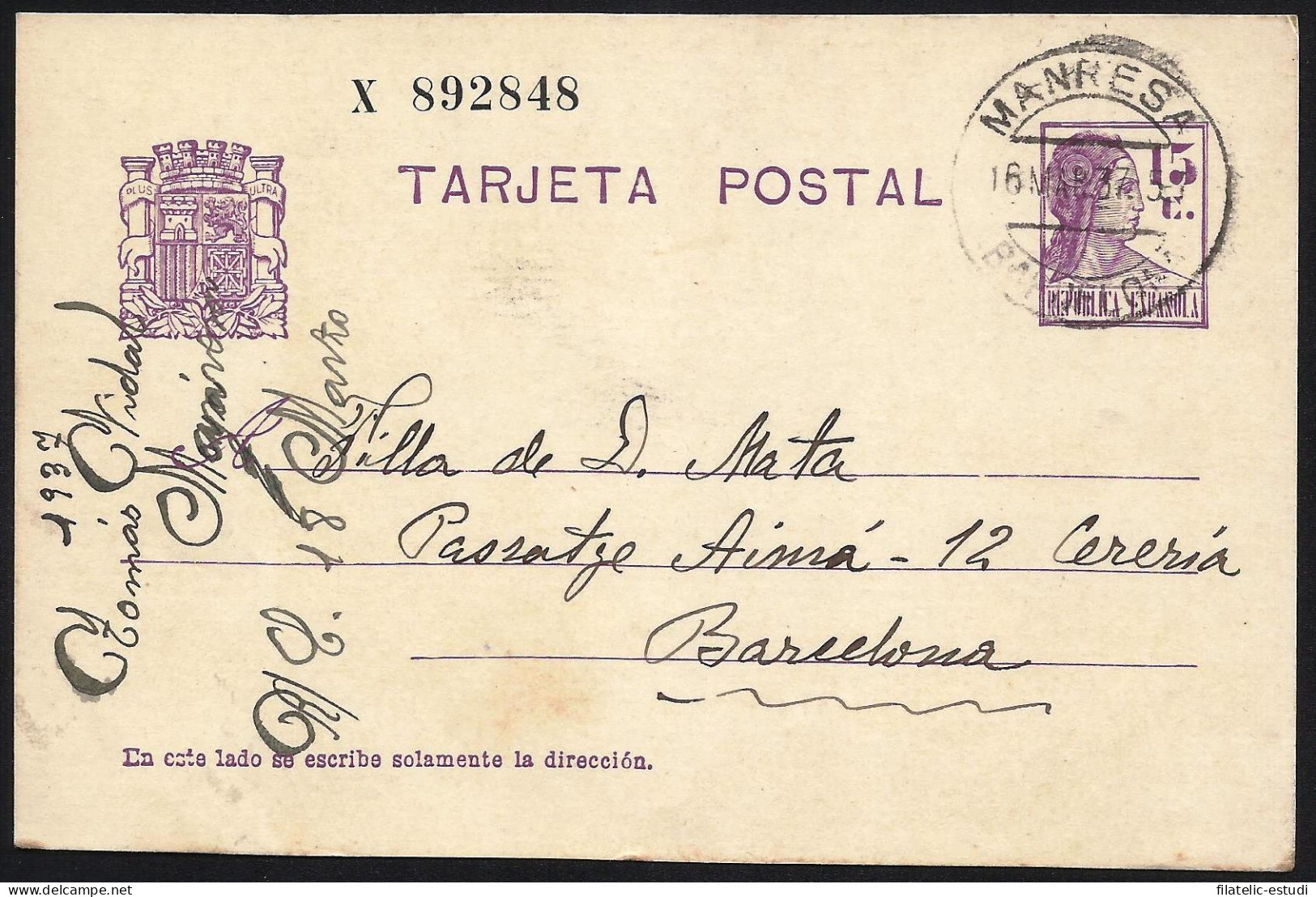 España Spain Entero Postal 69 Matrona 1937 Manresa - Altri & Non Classificati