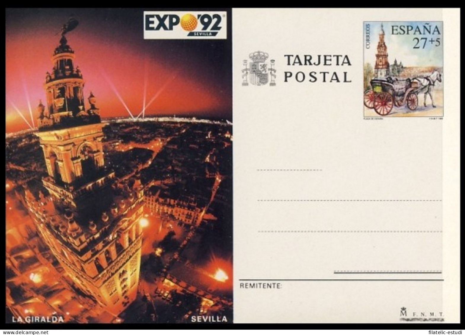 España Spain Entero Postal ( Tarjeta ) 154 1992 Expo 92 Giralda Coche Caballos - Other & Unclassified