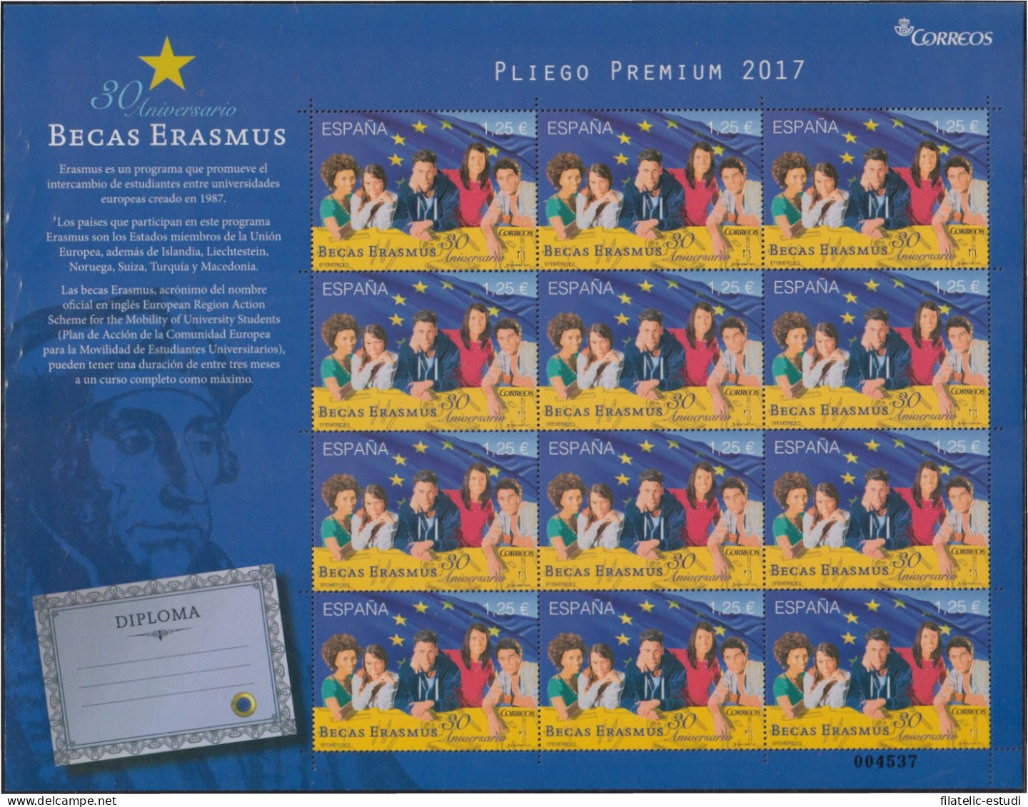 España Pliego Premium 54 2017 30º Aniversario Becas Erasmus MNH - Maroc Espagnol