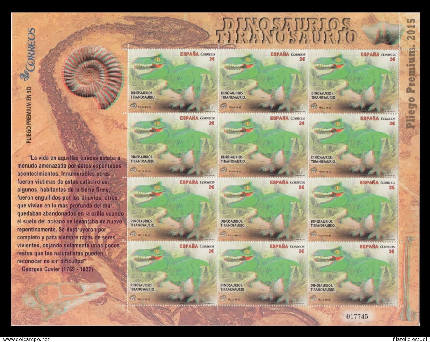 España Pliego Premium 22 2015 Dinosaurios Tiranosaurio Fosil Sello 3D MNH - Spanish Morocco