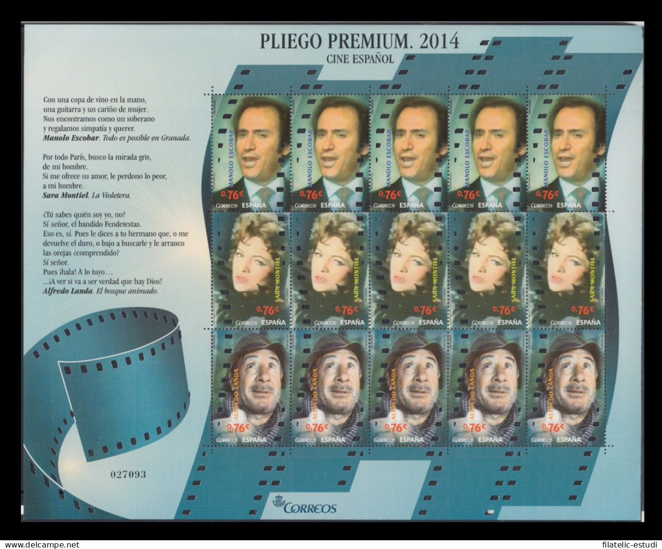 España Pliego Premium 14 2014 Cine Español Escobar Montiel Landa MNH - Spanish Morocco