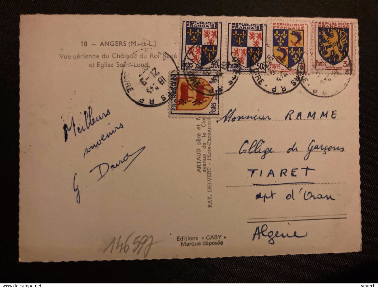 CP ANGERS TP FRANCHE COMTE 3F X2 + BEARN 1F + PICARDIE 50c X2 OBL. ESSAI CACHET PLASTIQUE 21-9 1953 ANGERS RP (49) - 1941-66 Coat Of Arms And Heraldry