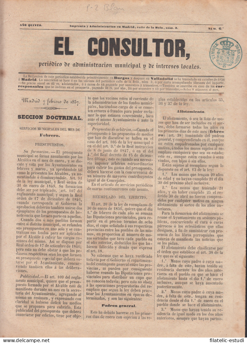 España Spain Timbres De Periódicos P.2 1857  Timbre Azul El Consultor - Other & Unclassified