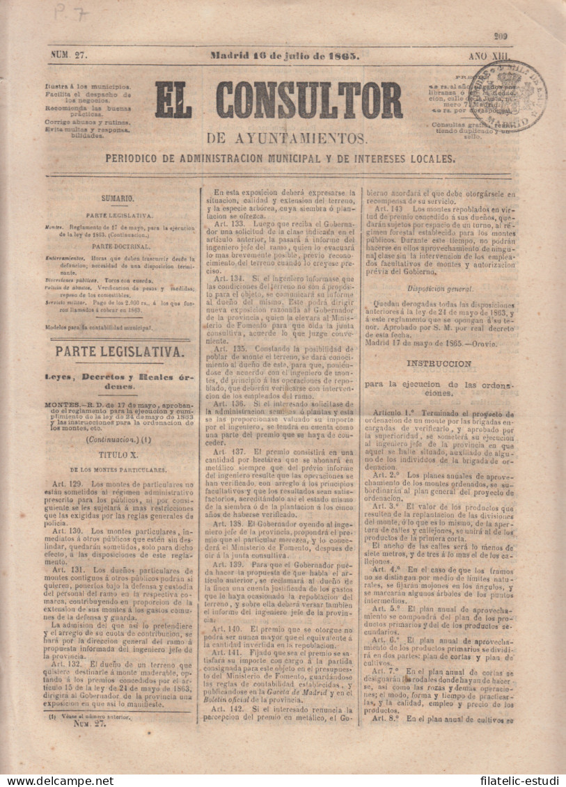 España Spain Timbres De Periódicos P.7 1865 El Consultor - Autres & Non Classés