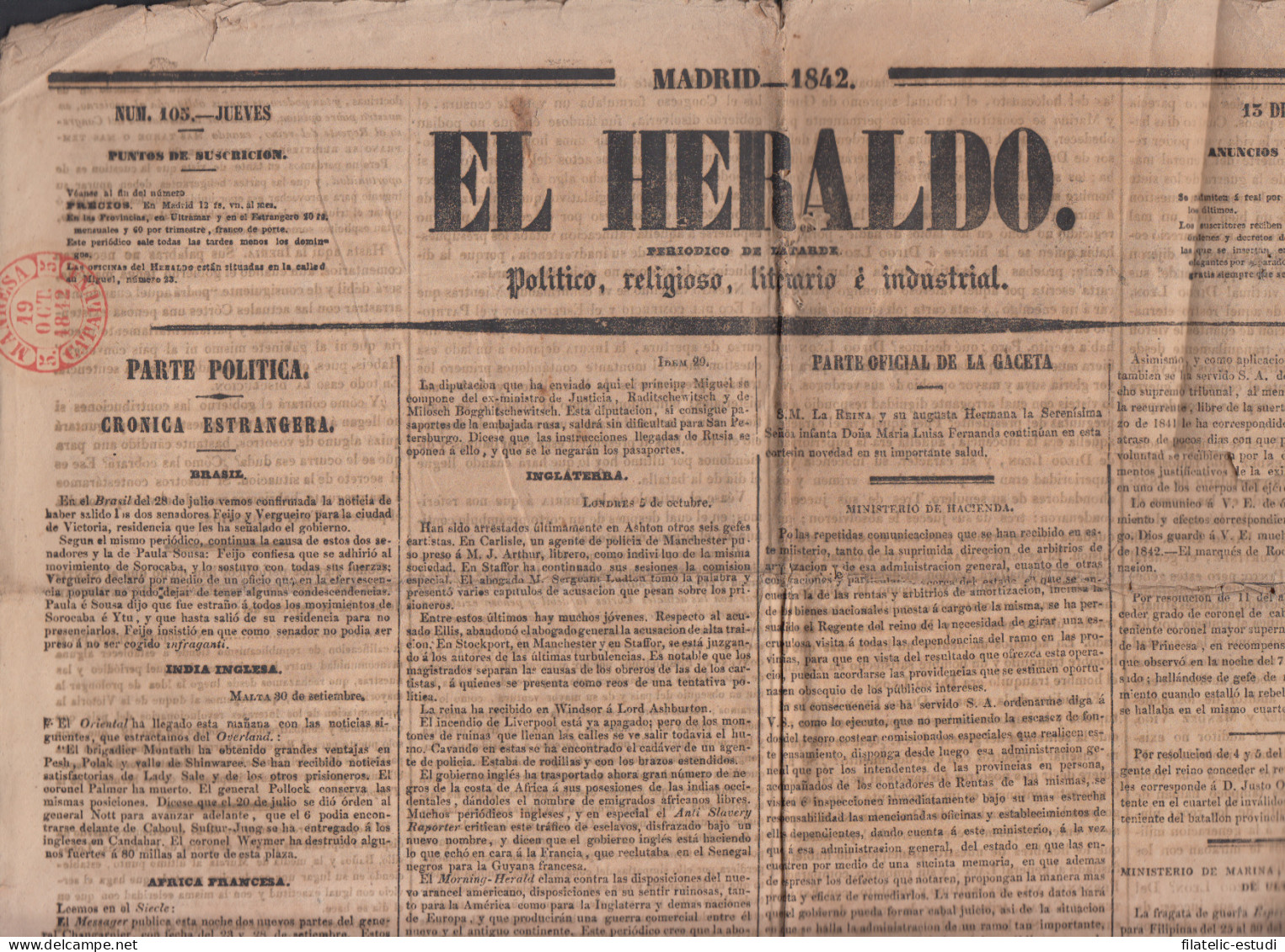 España Spain Timbres De Periódicos Matasello Prefilatélico 19 Oct 1842 Manresa - Other & Unclassified