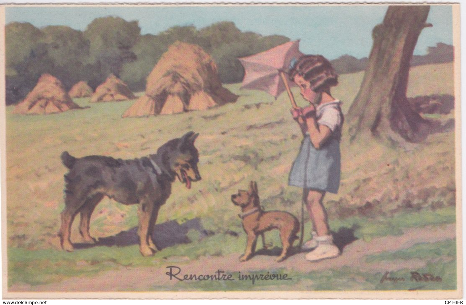 ILLUSTRATEUR GEORGES REDON - FILLETTE - RENCONTRE IMPREVUE -  CHIEN - Redon