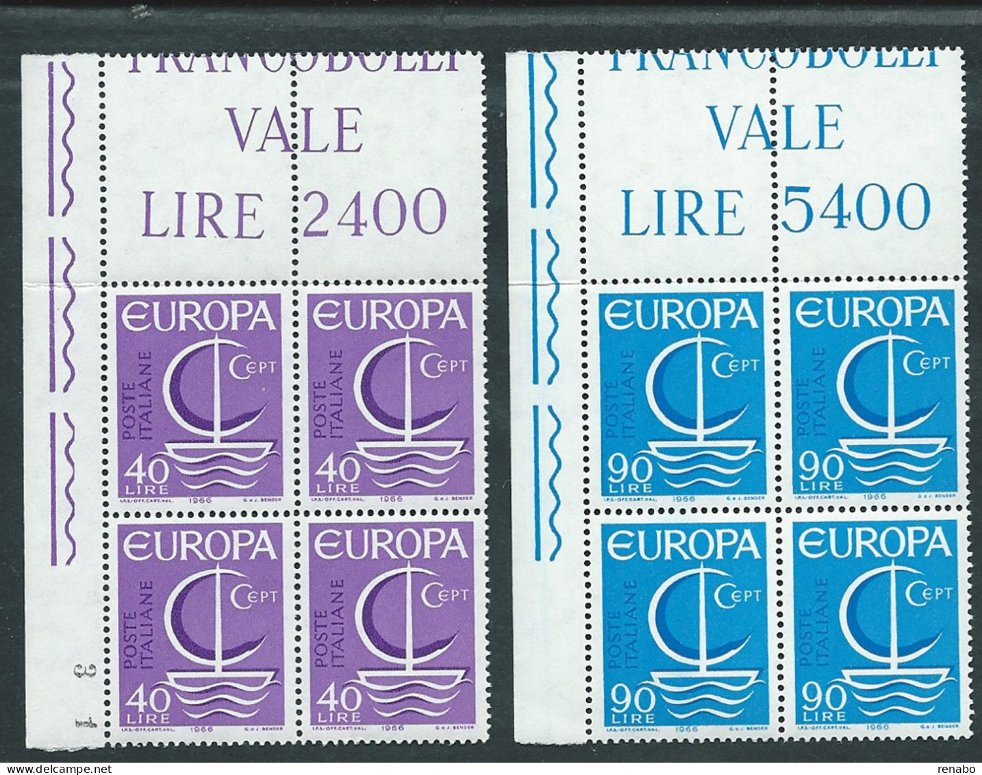 Italia 1966; EUROPA CEPT, Serie Completa In Quartine Con La Striscia Superiore Del Prezzo Del Foglio. - 1961-70: Mint/hinged
