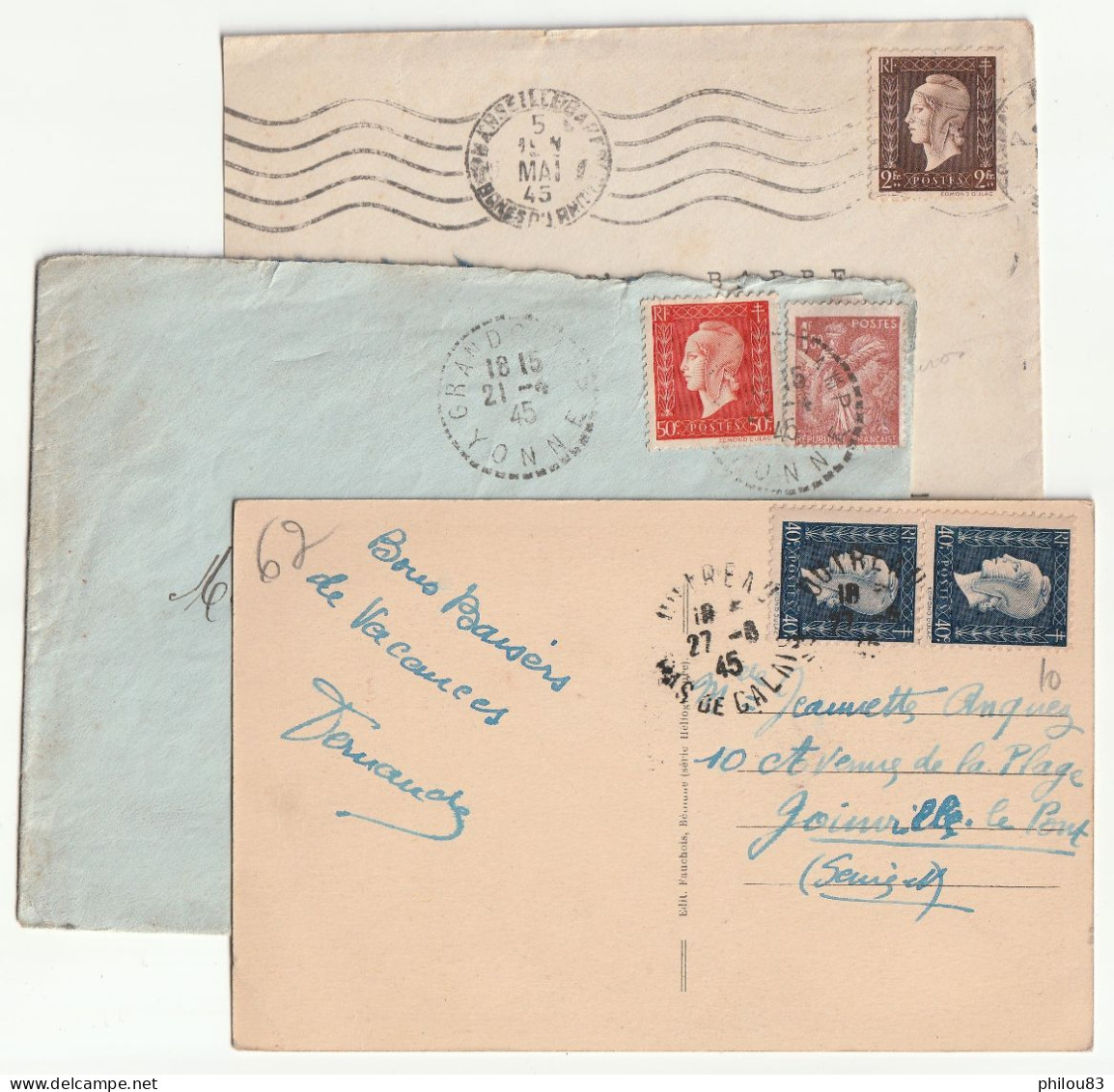 Lot 2 Enveloppes Et 1 CP Marianne Dulac YT 684 685 692 - 1944-45 Marianne De Dulac