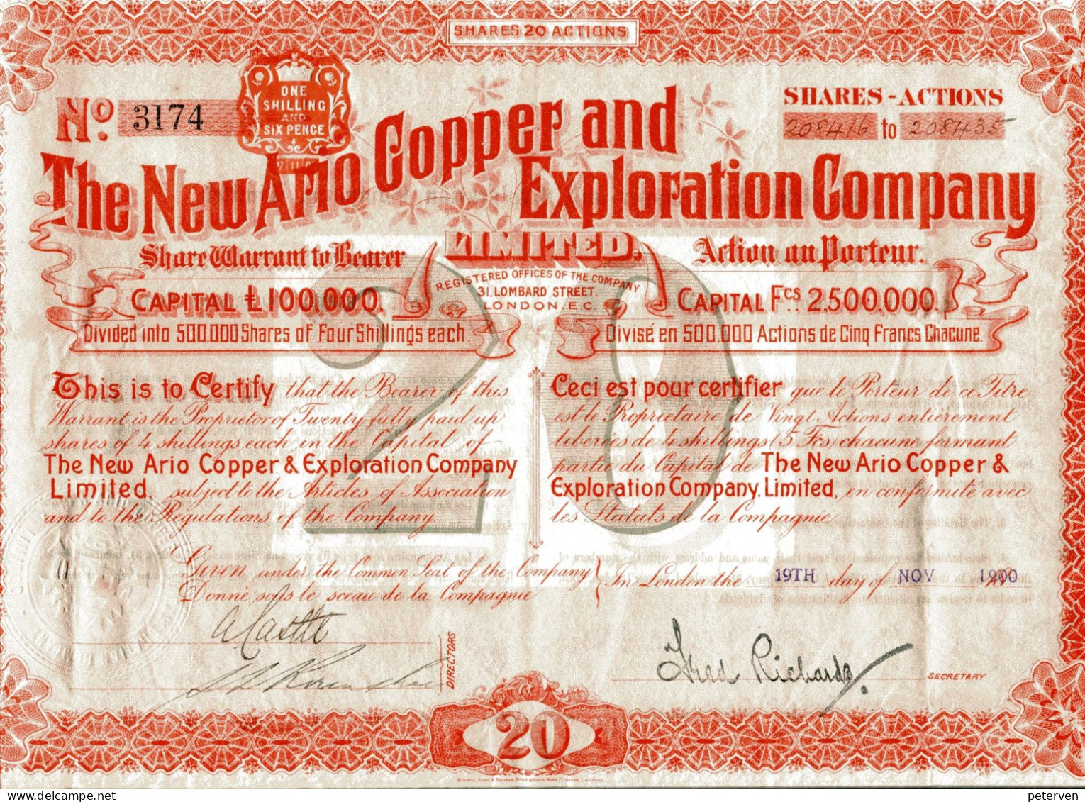 The NEW ARIO COPPER And EXPLORATION COMPANY; Twenty Shares - Mines