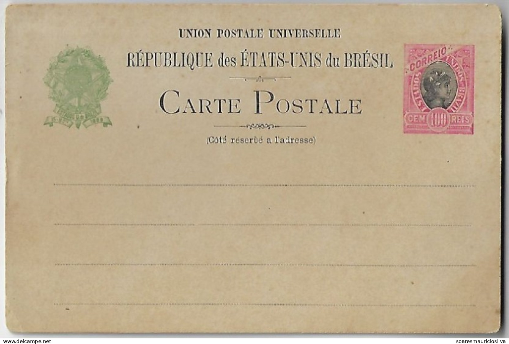 Brazil 1898 Postal Stationery Card RHM-BP-56 Stamp Republic Dawn 100 Reis 5 Mm Line Spacing On The Back Unused - Postwaardestukken