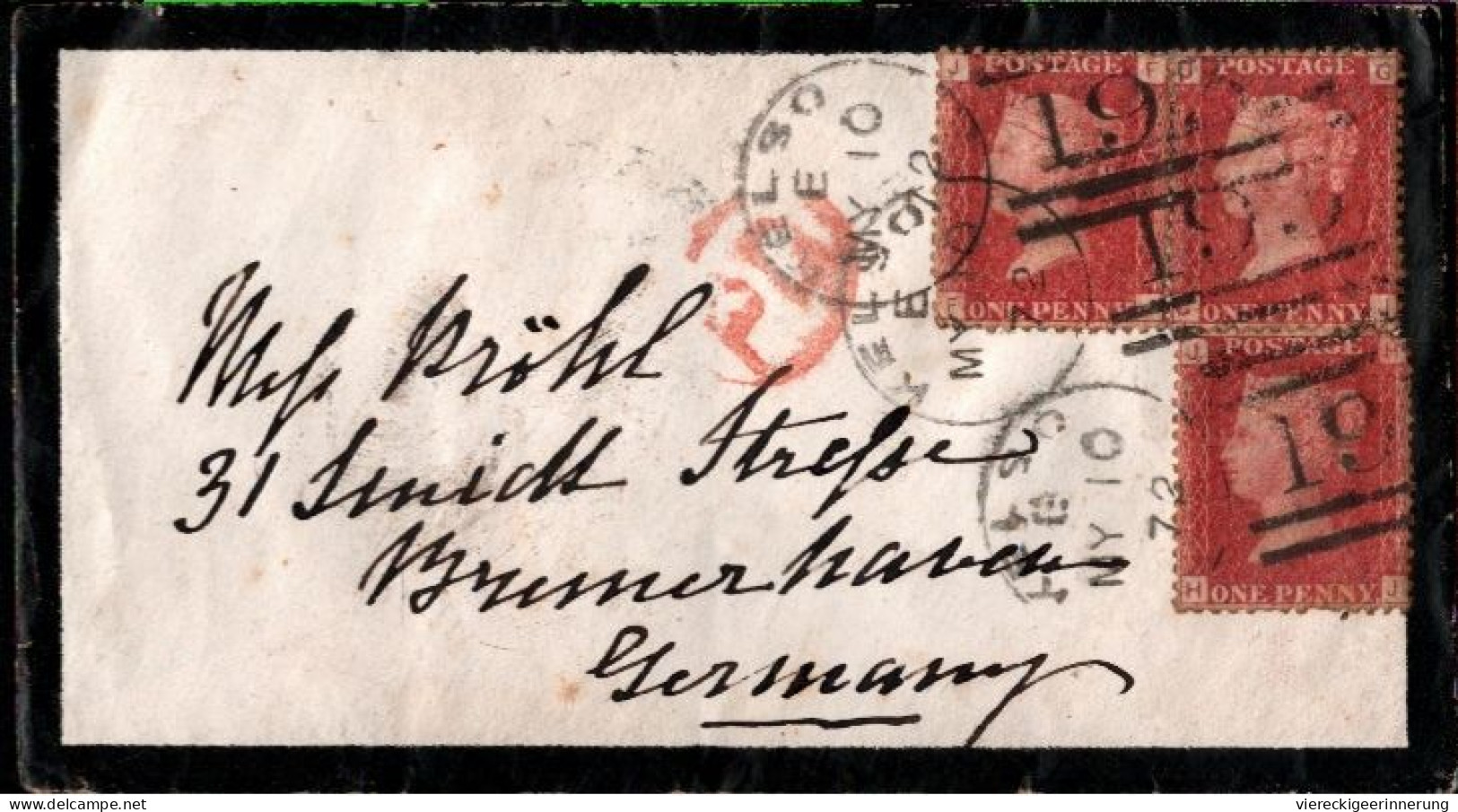 ! Großbritannien 1872 Kleiner Trauerbrief Mit 3 X One Penny Red Von Kelso Nach Bremerhaven - Storia Postale