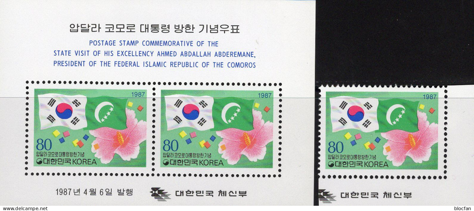 Präsidenten-Besuch Komoren 1987 Korea 1511+Block 527 ** 4€ Flagge Comores Hoja Stars Bloc Flags Sheet S/s Bf South Corea - Francobolli