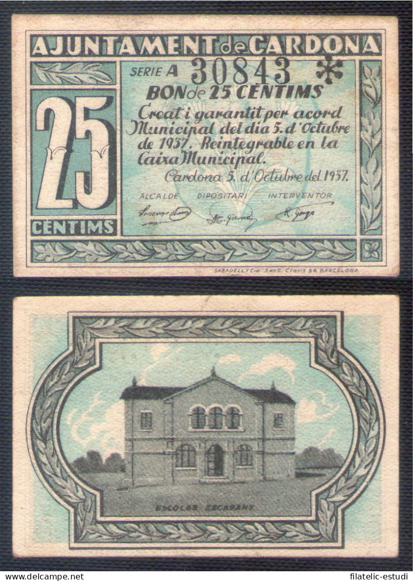 Billete Local 1937 Ajuntament De Cardona 25 Cts - Andere & Zonder Classificatie