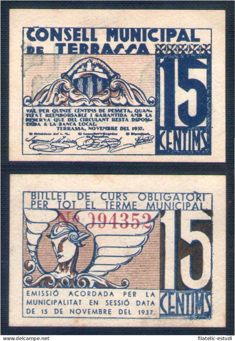 Billete Local 1937 Ajuntament De Terrassa 15 Cts - Altri & Non Classificati