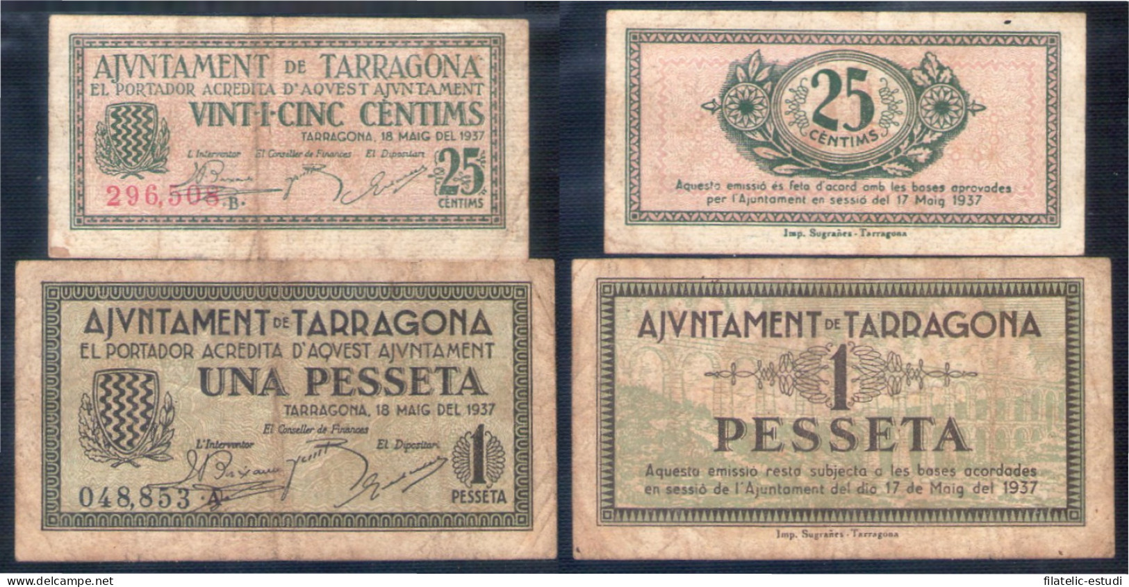 Billete Local 1937 Ajuntament De Tarragona  25 Cts + 1 Pta - Other & Unclassified