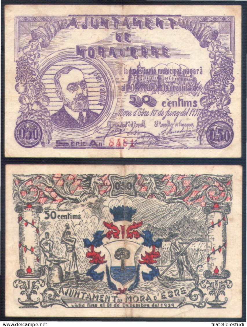 Billete Local 1937 Ajuntament De Mora D' Ebre 50 Centims - Other & Unclassified