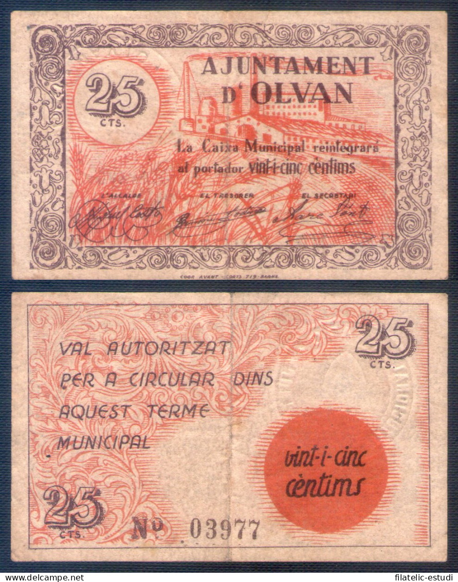 Billete Local Ajuntament De Olvan 25 Centims. - Autres & Non Classés