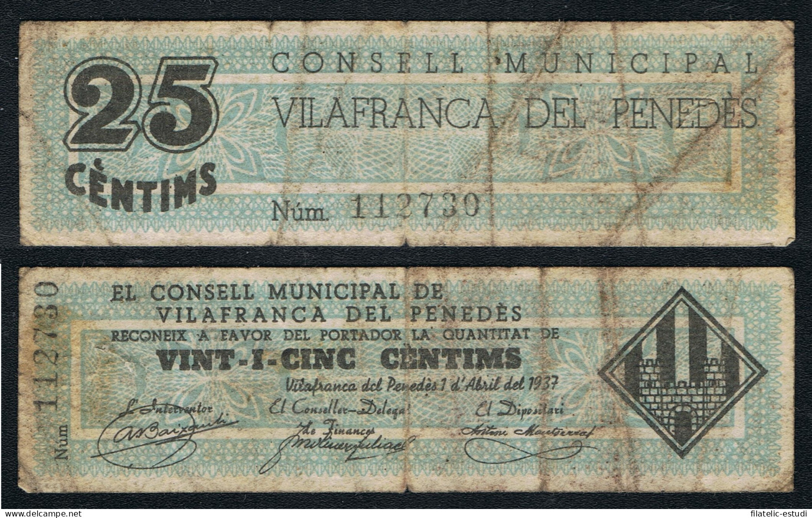 Illete Local 1937 Ajuntament De Vilafranca Del Penedès  25 Cts. - Other & Unclassified