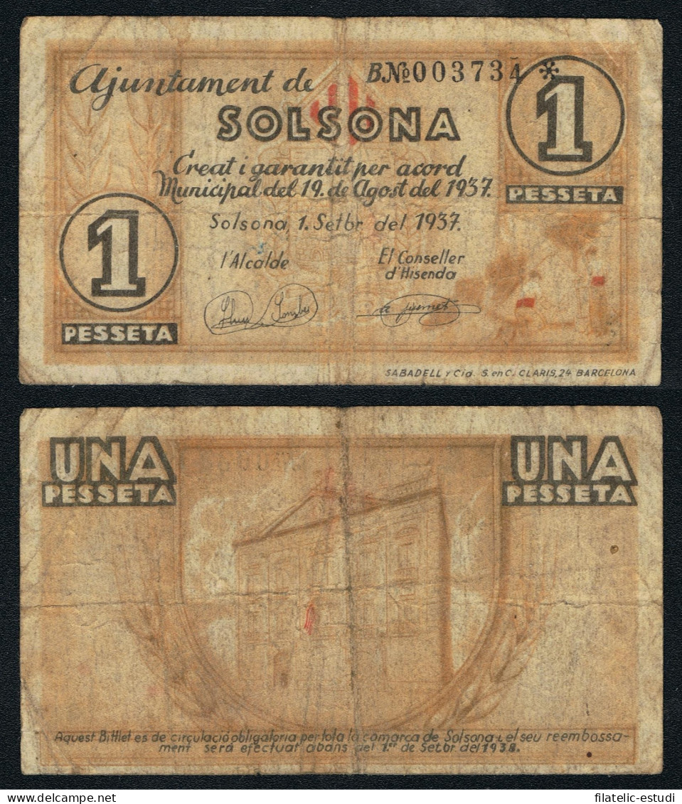 Billete Local 1937 Ajuntament De Solsona  1 Peseta - Other & Unclassified