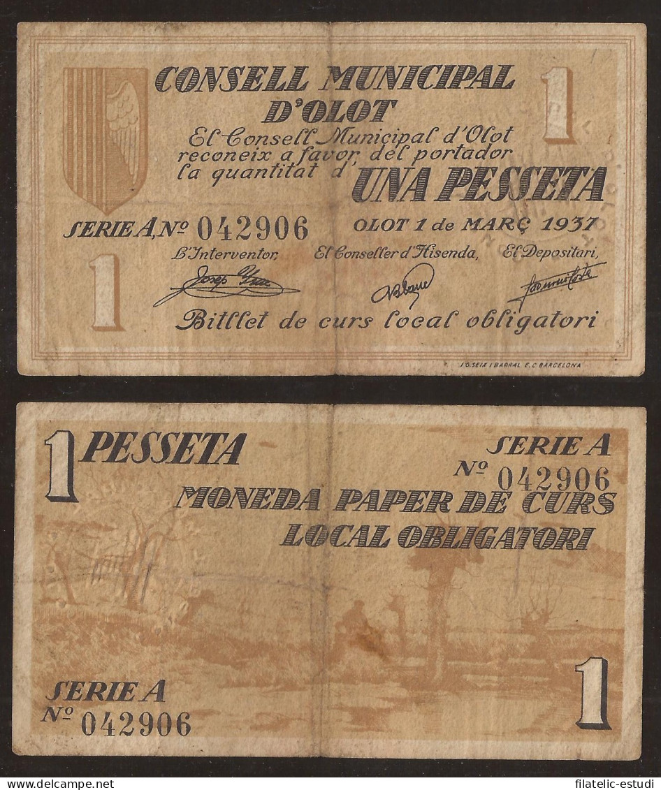 Billete Local 1937 Ajuntament De Olot  1 Peseta - Autres & Non Classés