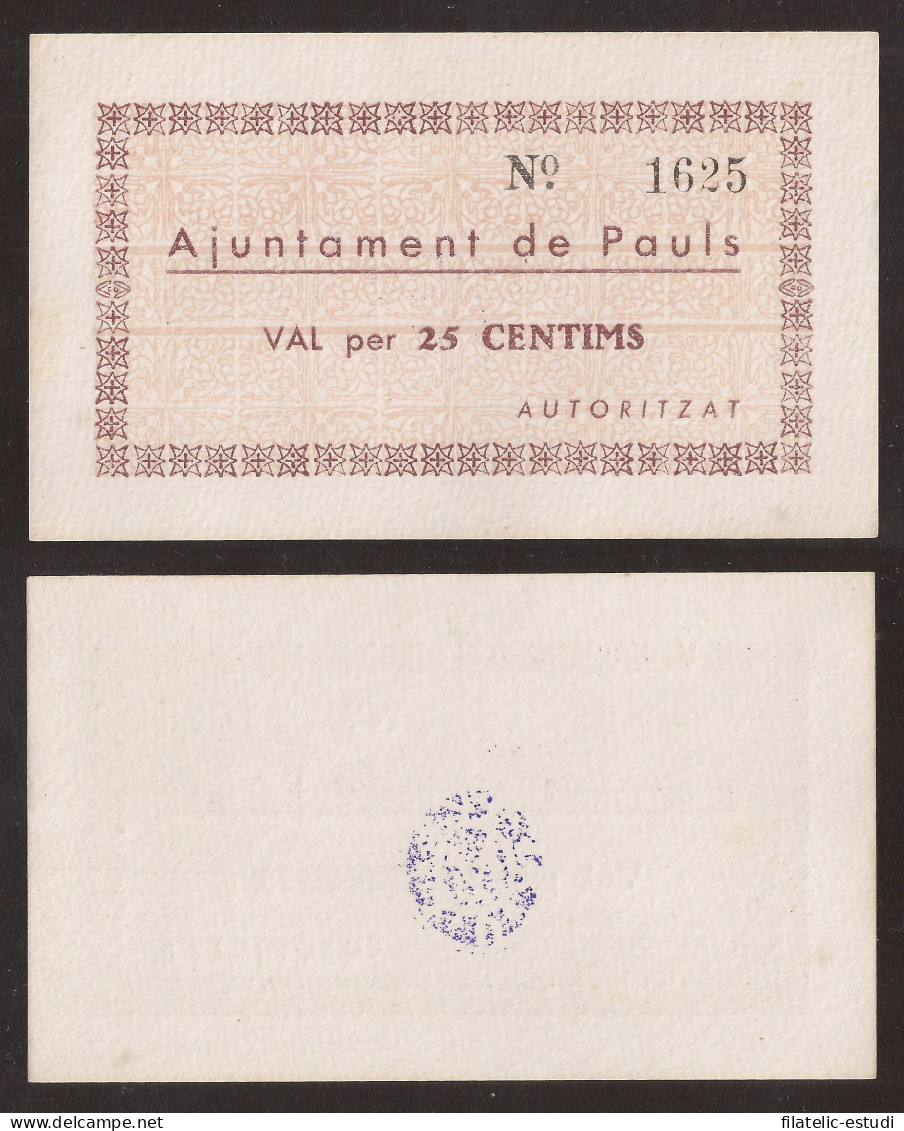 Billete Local 1937 Ajuntament De Paüls  25 Cts. - Otros & Sin Clasificación