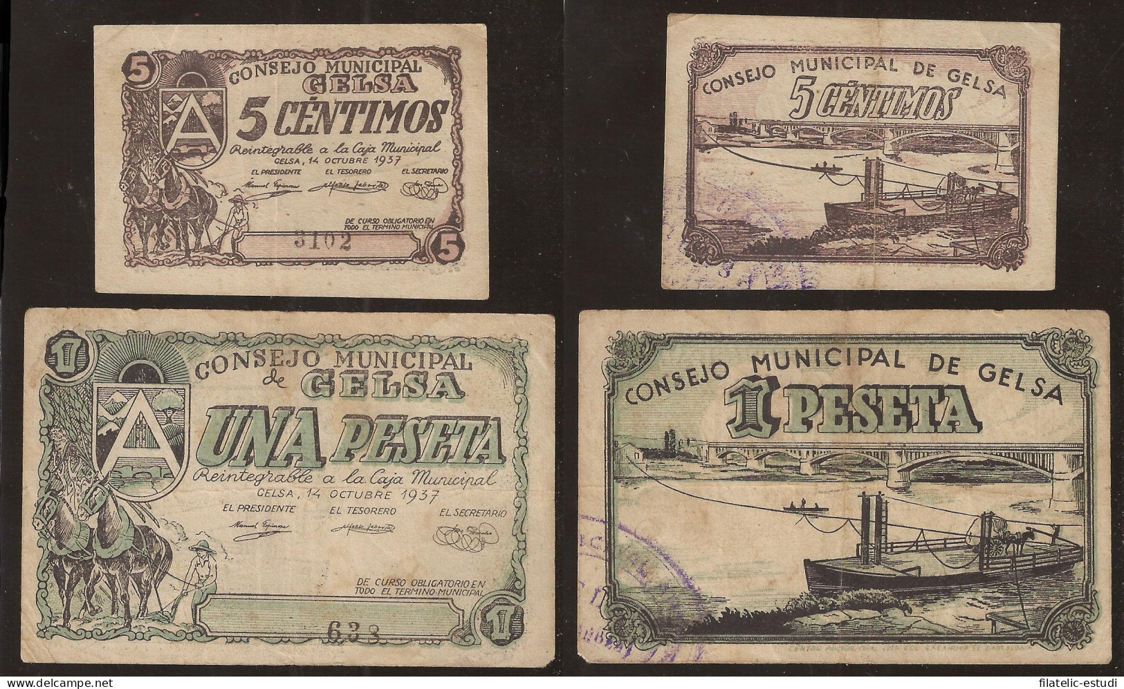 Billete Local 1937 Consejo Municipal De Gelsa ( Zaragoza ) 5 Cts. Y 1 Peseta - Andere & Zonder Classificatie