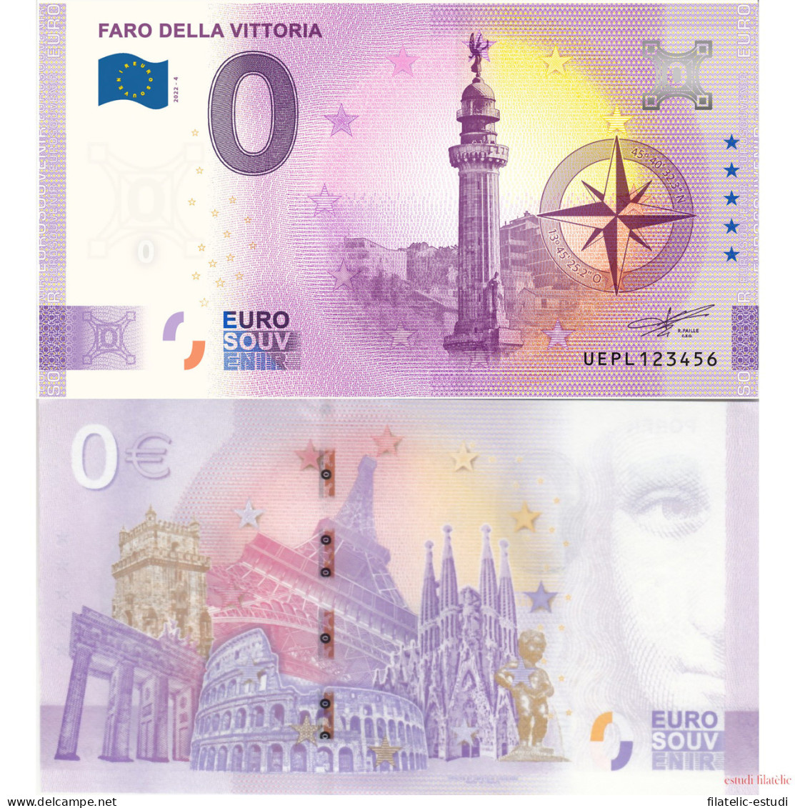 Billete Souvenir De Cero Euros Faro Della Vittoria - [ 7] Errors & Varieties