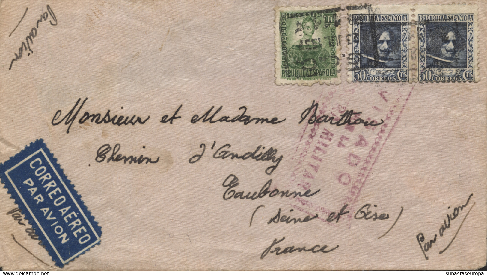Carta Circulada A Francia, El 23/7/37. Matasellos De Las Brigadas. Muy Rara. - Republikeinse Censuur