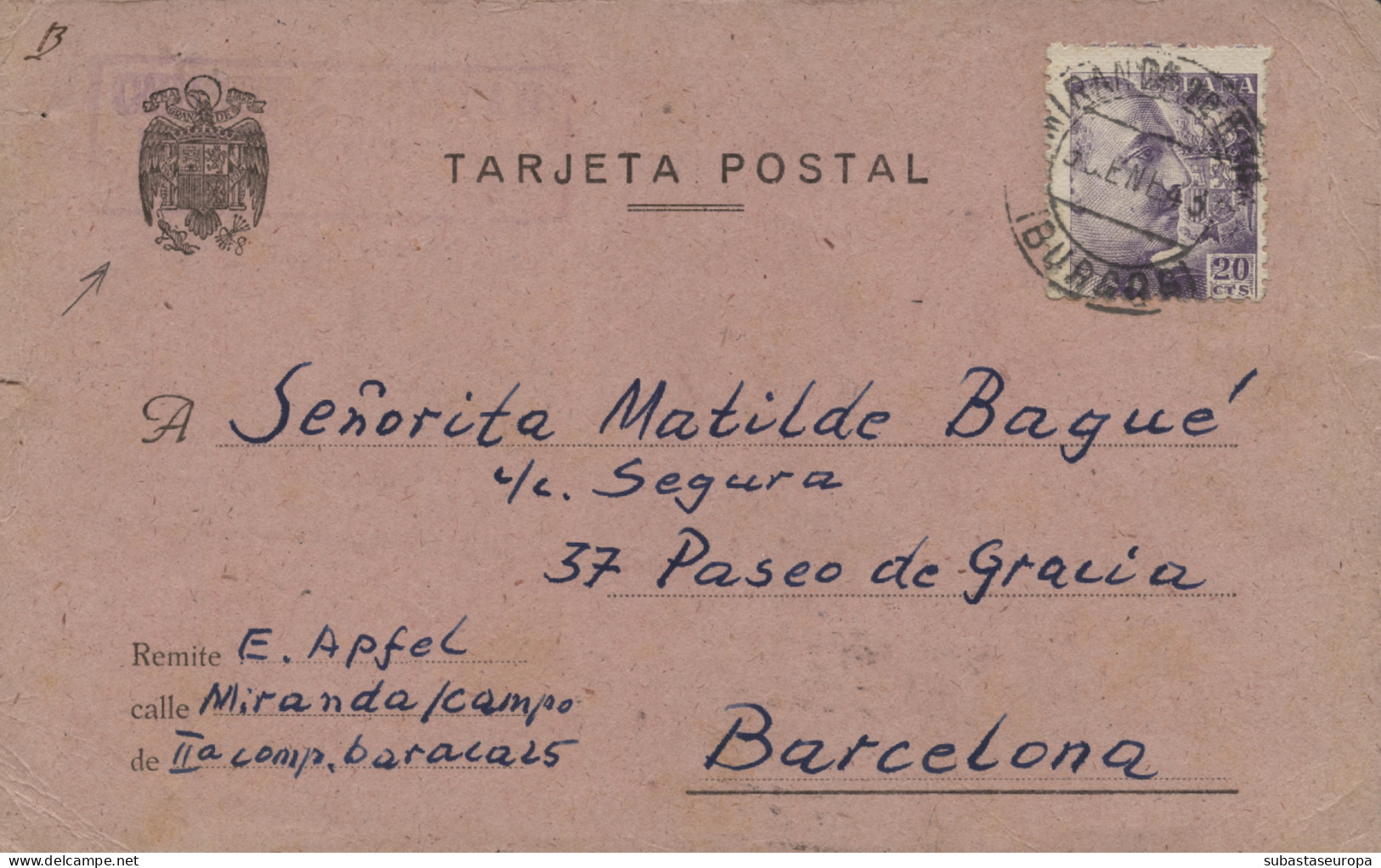 Tarjeta Circulada Desde El Campo De Concentración De Miranda De Ebro A Barcelona, El Año 1943. Muy Débil - Bolli Di Censura Repubblicana