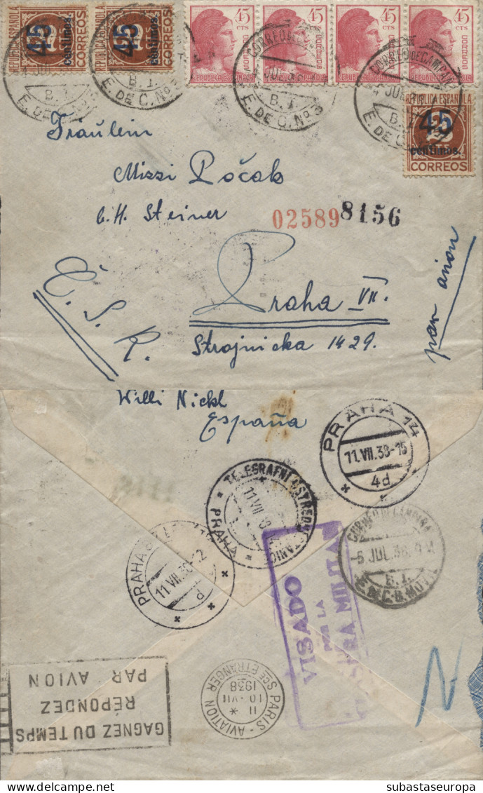 Preciosa Carta Certificada Circulada Del Frente A Checoslovaquia, El 4/7/38. Matasellos Correo De Campaña - B.I. - Bolli Di Censura Repubblicana