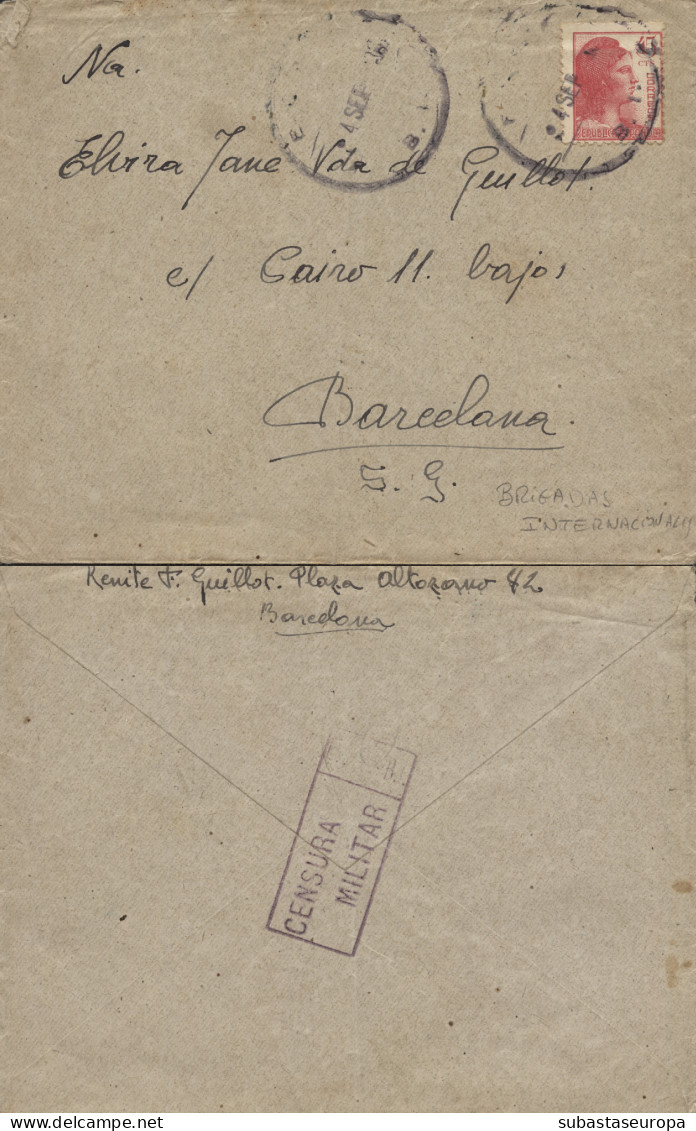 Carta Dirigida A Barcelona. Remite De Un Brigada Internacional, El 4/9/36. Muy Rara. - Republicans Censor Marks