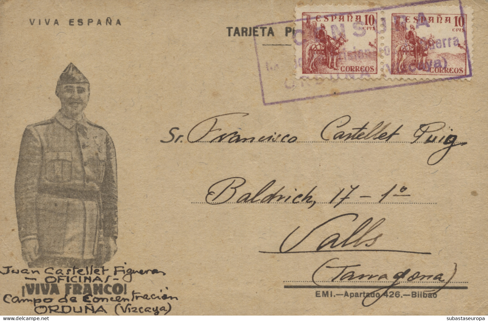 Tarjeta Patriótica Circulada A Valls (Tarragona), El 28/5/39. Marca De Censura De 'Campo De Prisioneros De Guerra - Marcas De Censura Republicana