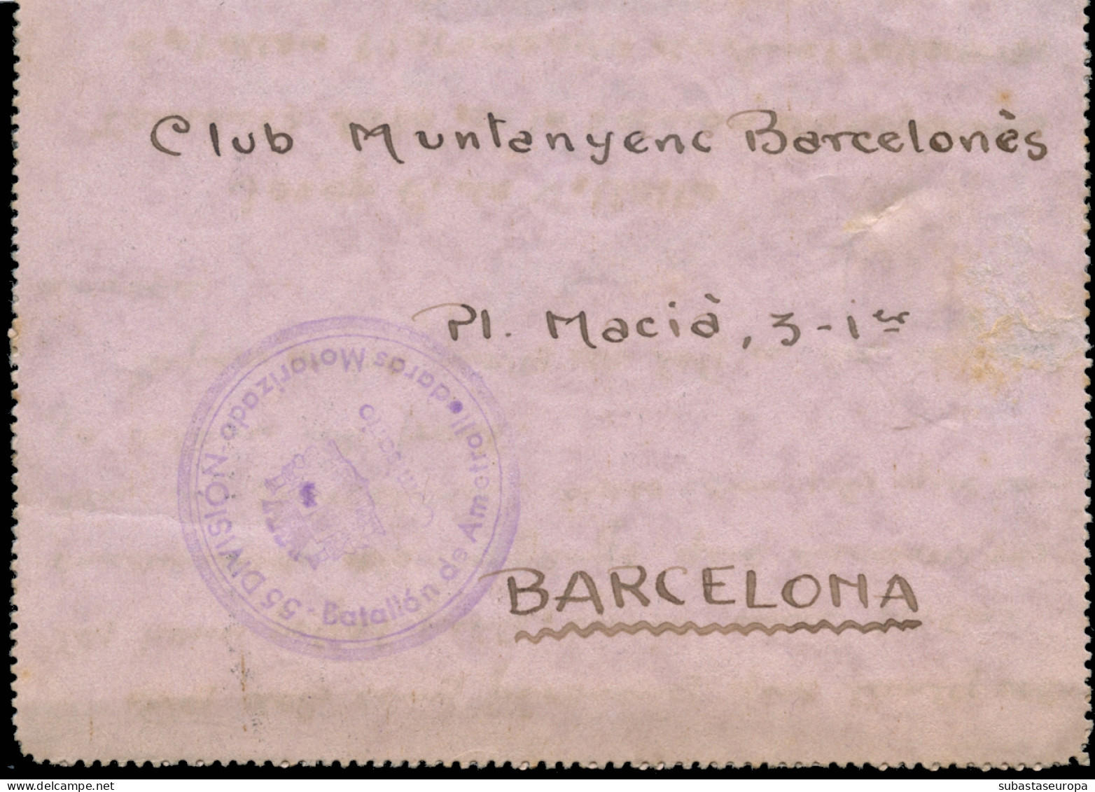 Carta Circulada Del Frente A Barcelona, El 19/10/38 (base 8 CC 10). Marca De Franquicia "Batallón De Ametralladoras - Bolli Di Censura Repubblicana