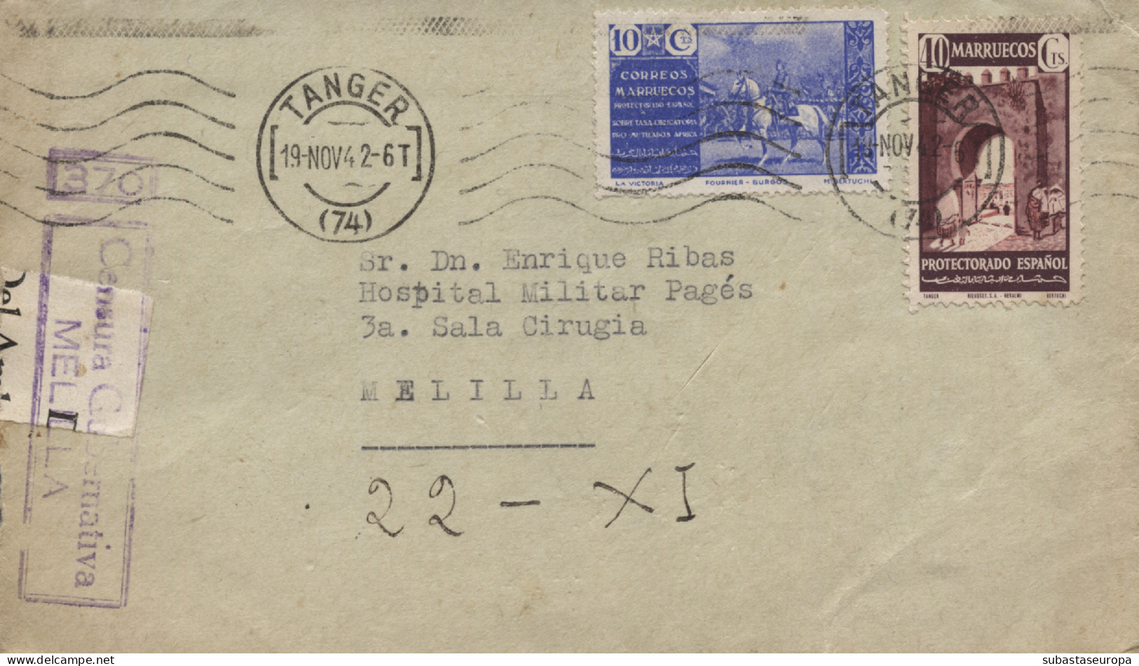 Carta De Tánger A Melilla, El 19/11/42. Marca De Censura Inédita. - Marcas De Censura Republicana