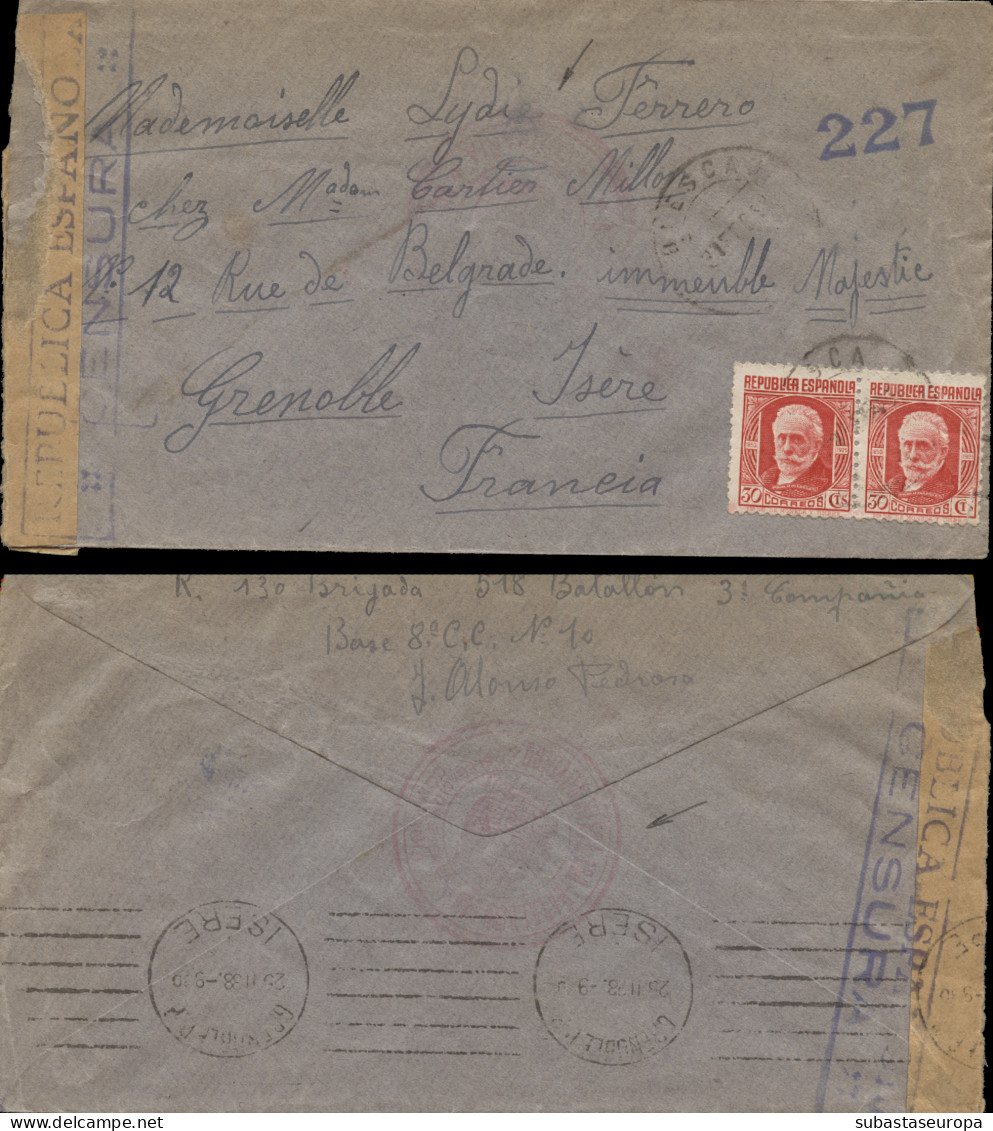 1938. Sobre Circulado Del Frente De Huesca A Francia. Marca En Rojo "130 Batallón". Banda De Censura. Rara. - Republikeinse Censuur