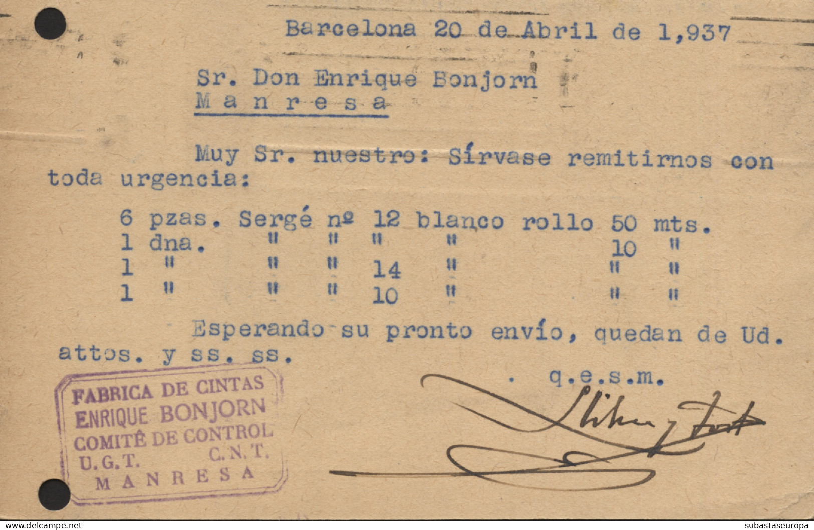 Tarjeta Circulada De Barcelona A Manresa, El 20/4/37. Al Dorso Marca "Fabrica De Cintas / Enrique Bonjorn - Republikanische Zensur