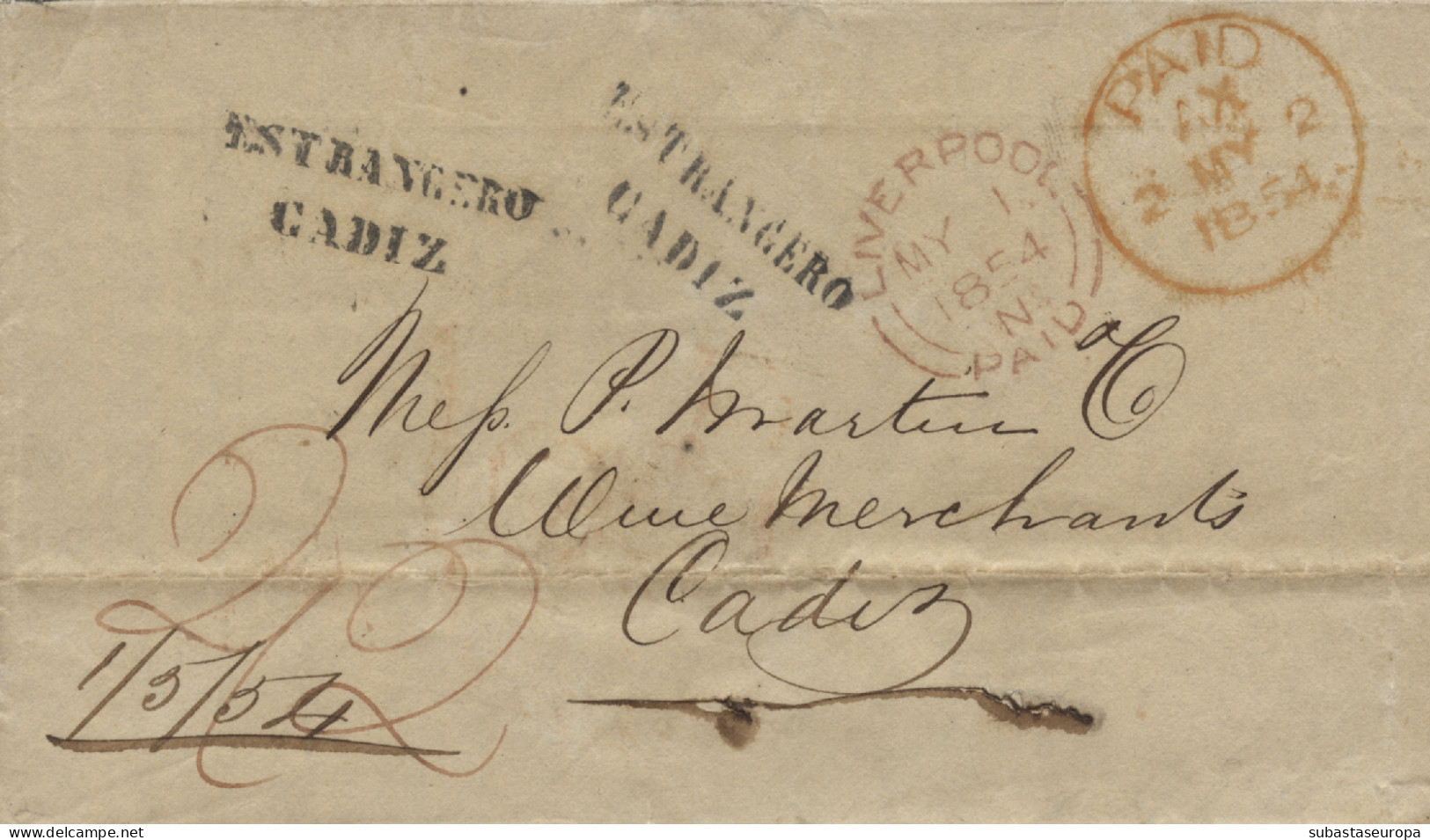 D.P. 26. 1854 (1 MAY). Carta De Liverpool A Cádiz. Marca Nº 74N. Preciosa. - ...-1850 Prefilatelia
