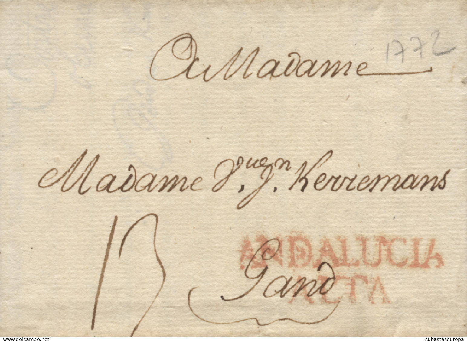 D.P. 26. 1772 (25 SEP). Carta De Cádiz A Gand (Bélgica). Marca Nº 12R. Bonita. - ...-1850 Prefilatelia