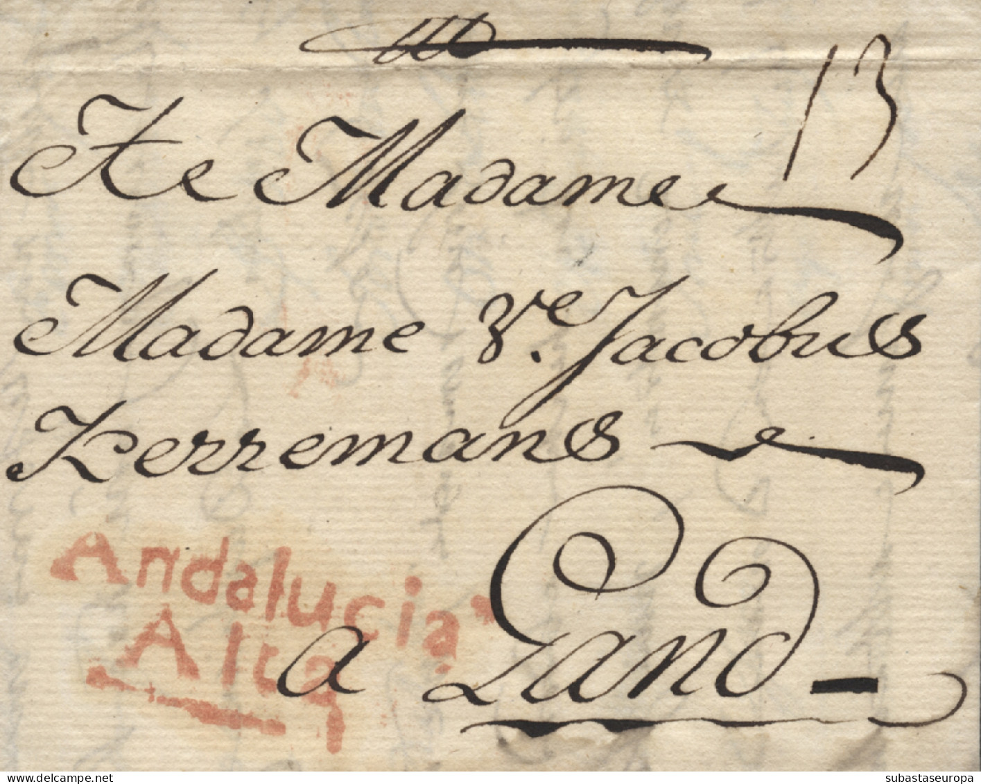 D.P. 25. 1761 (20 NOV). Carta De Cádiz A Gand (Bélgica). Marca De Sevilla Nº 5R. Bonita Y Rara. - ...-1850 Prephilately