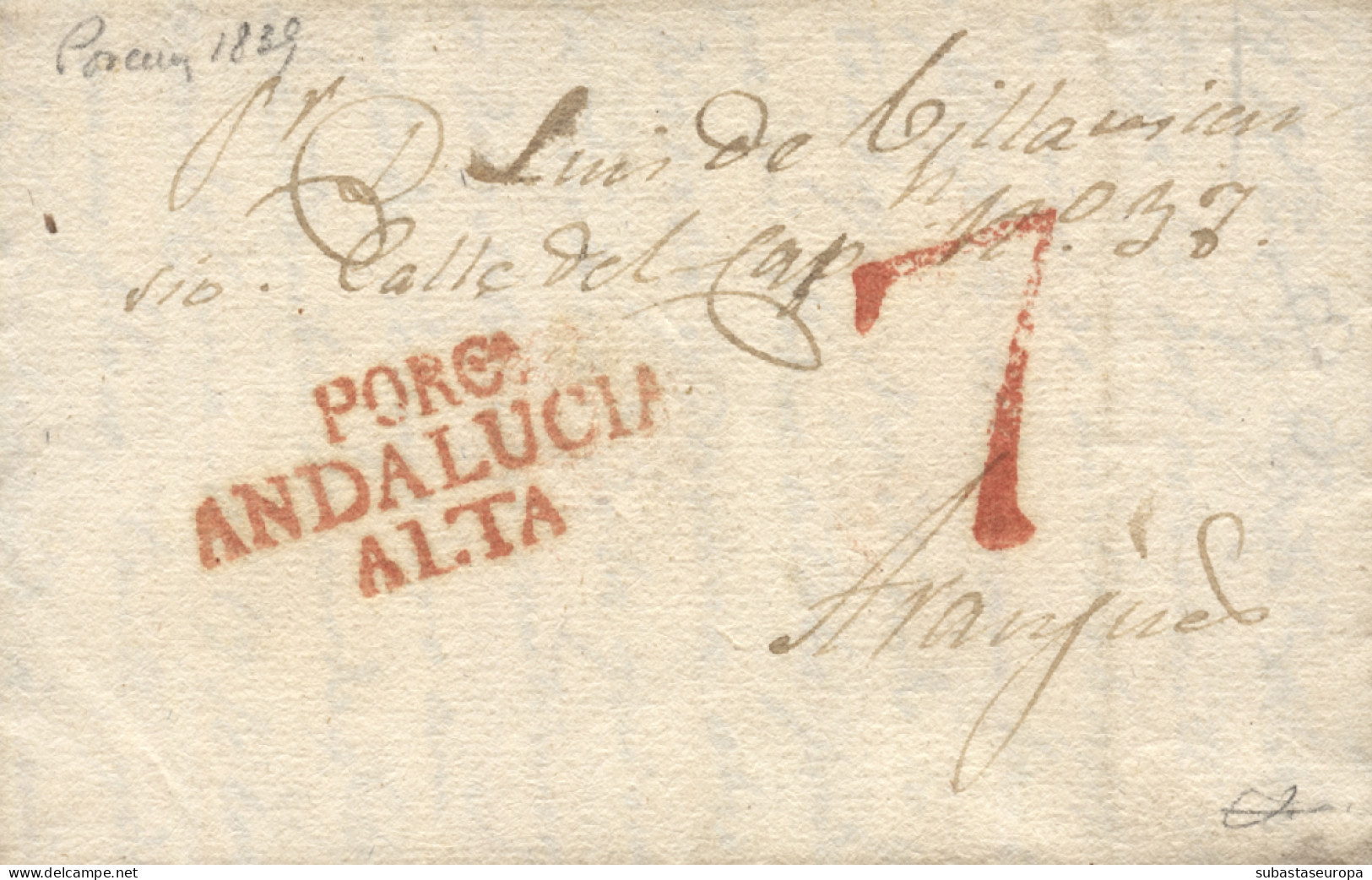 D.P. 24. 1839 (15 MAR). Carta De Porcuna A Aranjuez. Marca Nº 1R. Preciosa Y Rara. - ...-1850 Vorphilatelie