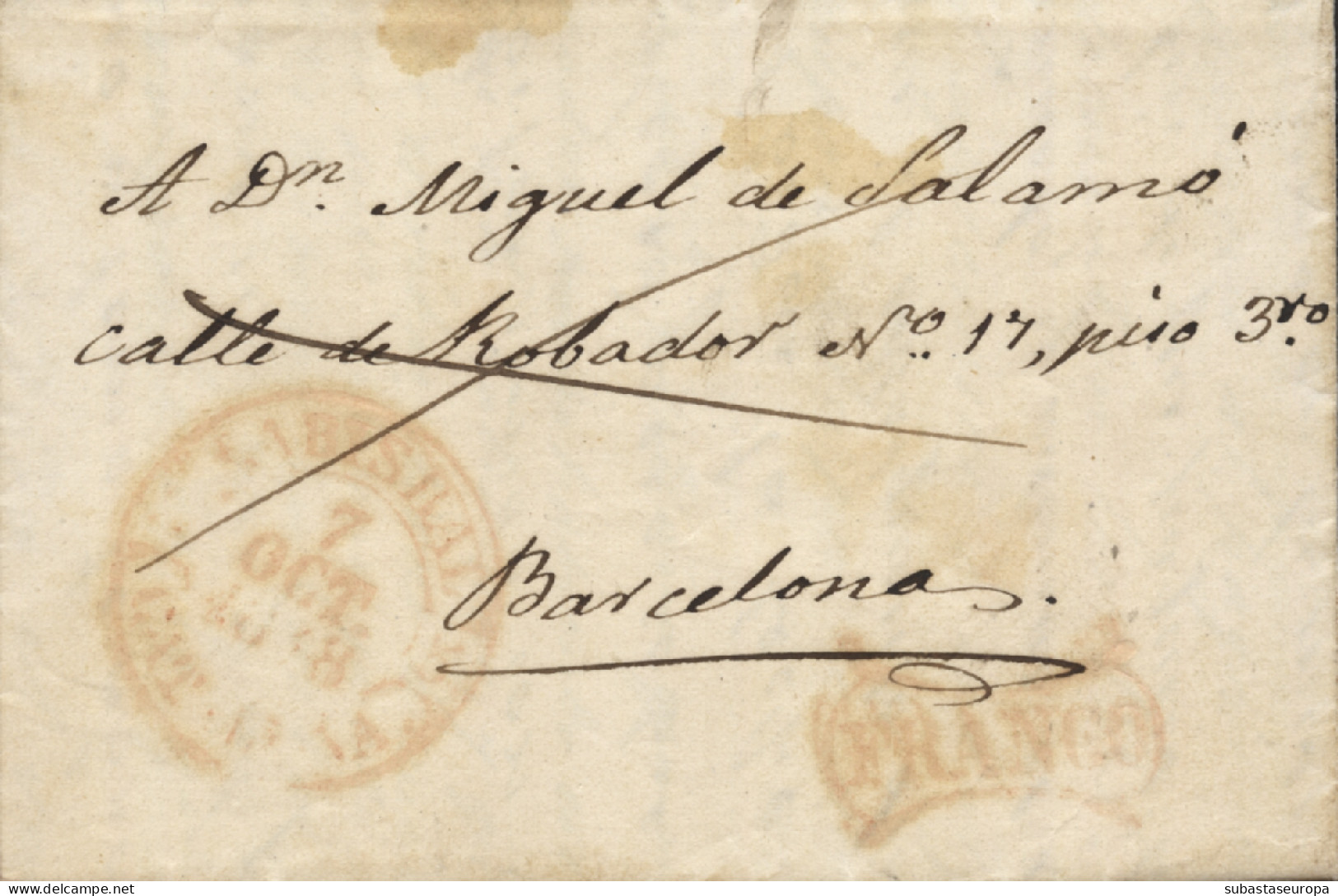 D.P. 5. 1848 (5 OCT). Carta De La Bisbal A Barcelona. Fechador Y "FRANCO" De Uso General Nº 7R Y 9R. Rarísima. - ...-1850 Prefilatelia