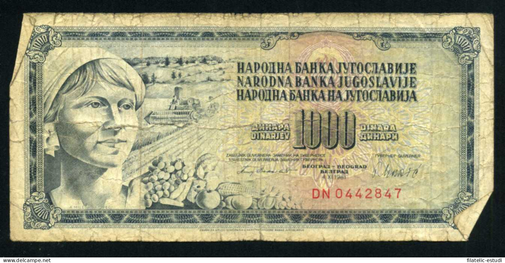 Yugoslavia 1000 Dinara 1981 Billete Circulado Pliegues, Dobleces Foto Estandar - Sonstige – Europa